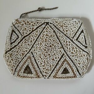 Vintage Beaded Clutch in Cream and Brown
